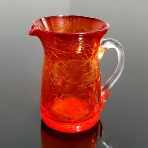 Vntg Amberina Crackle Tangerine Art Glass 3.5" Handcrafted Mouthblown Pitcher